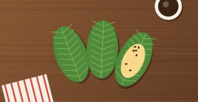 Quimbolitos ecuatorianos en hoja de achira, uno abierto con pasas, y café