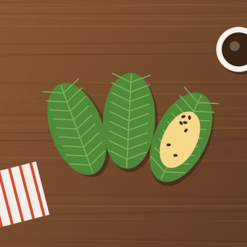 Quimbolitos ecuatorianos en hoja de achira, uno abierto con pasas, y café